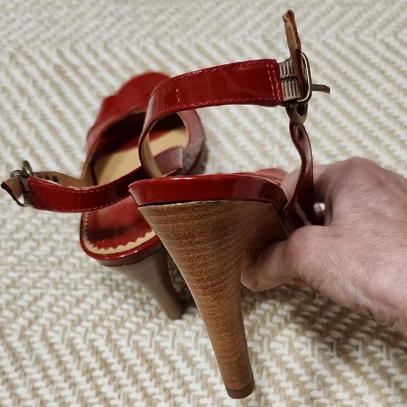 ALDO Y2K Red Real Patent Leather Platform Heels 37 Peeptoe Retro - Picture 7 of 13